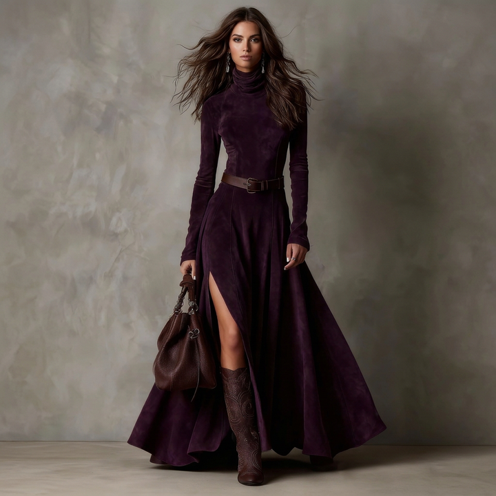 Alwina | Damen Langarm Rollkragen Maxikleid