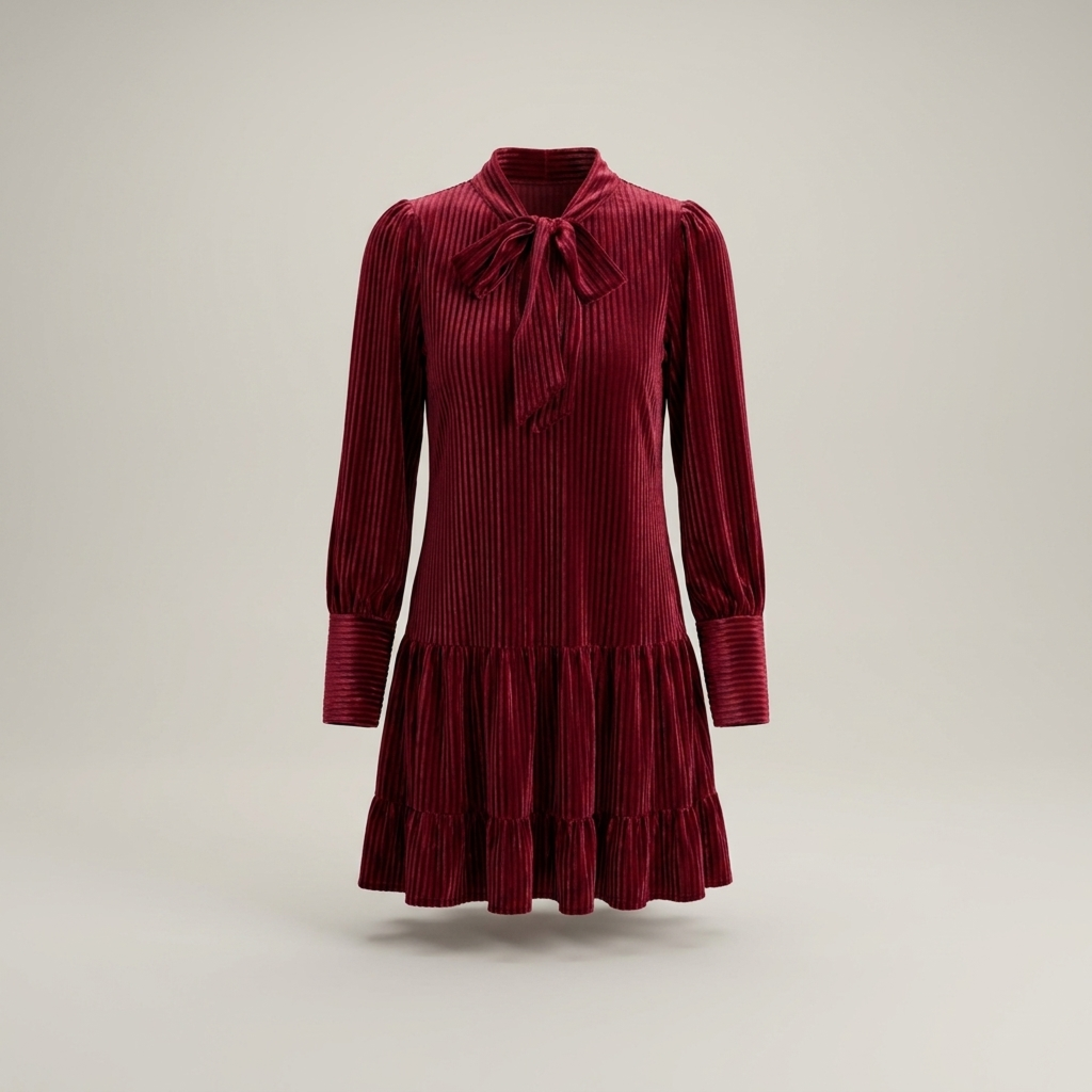 Nicole | Damen Langarm Kleid mit Schleifenkragen Rüschenkleid