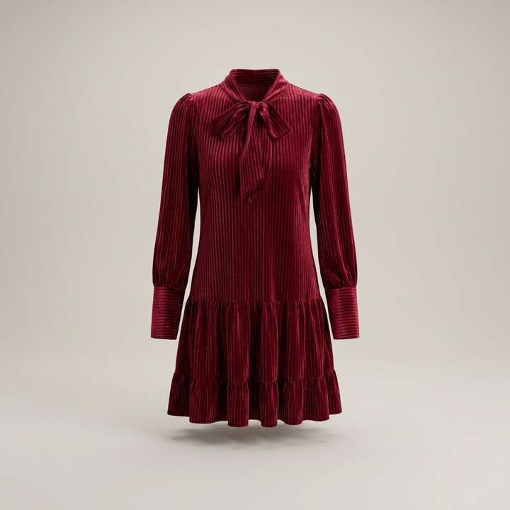 Nicole | Damen Langarm Kleid mit Schleifenkragen Rüschenkleid
