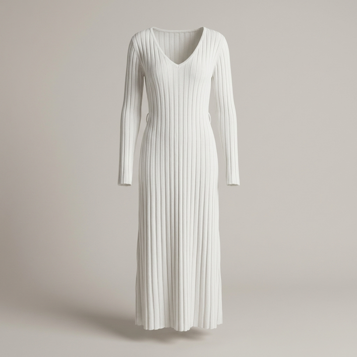 Yvonne | Damen Strick Maxikleid mit V-Ausschnitt