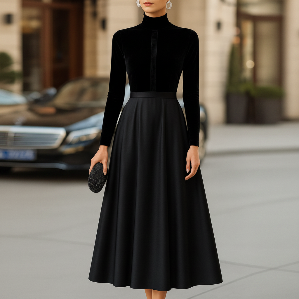 Birgit | Damen Langarmkleid mit Stehkragen Midikleid