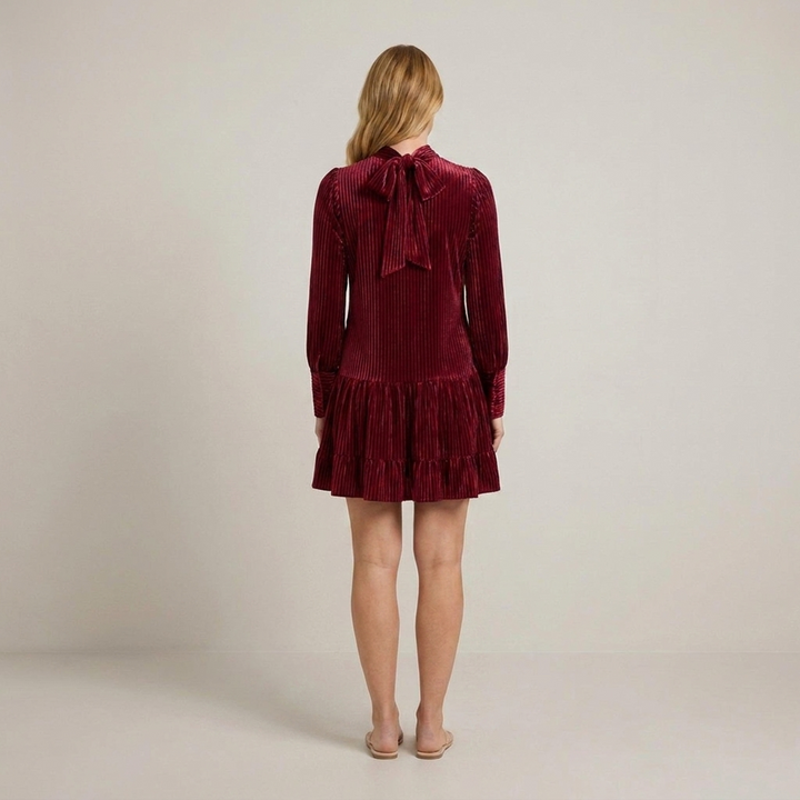 Nicole | Damen Langarm Kleid mit Schleifenkragen Rüschenkleid