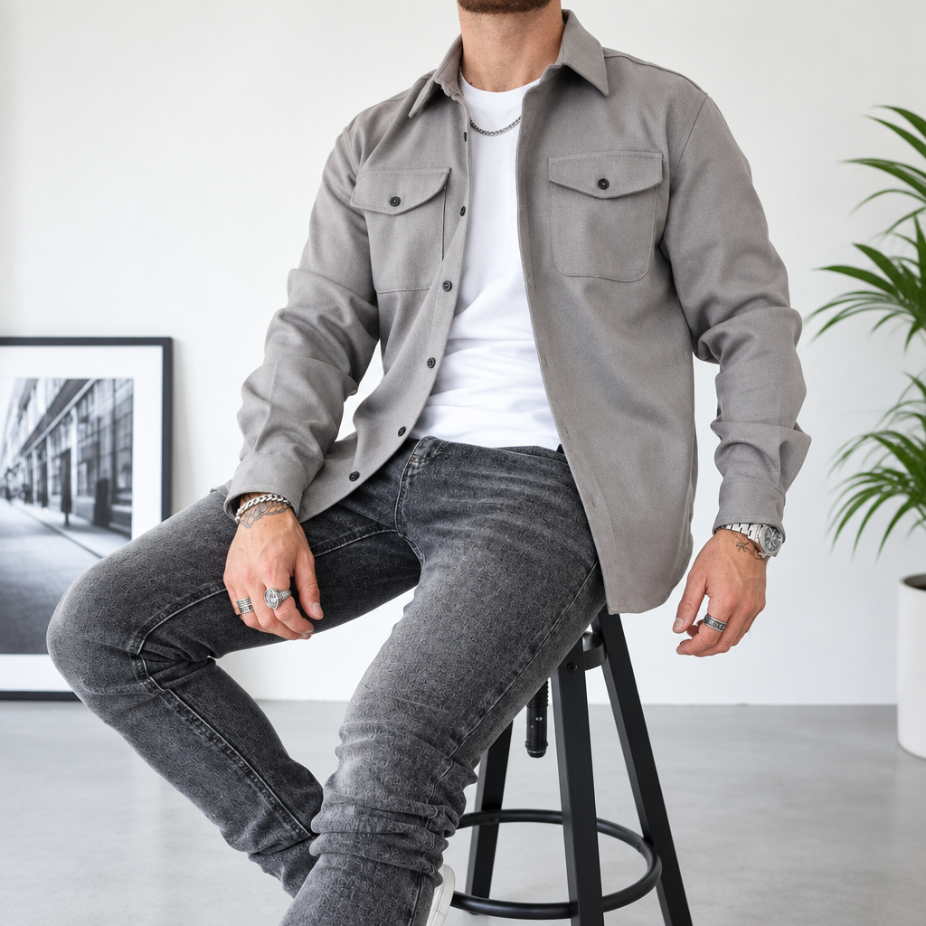 Hauke | Herren Graue Brusttaschen Knopfleisten Hemdjacke