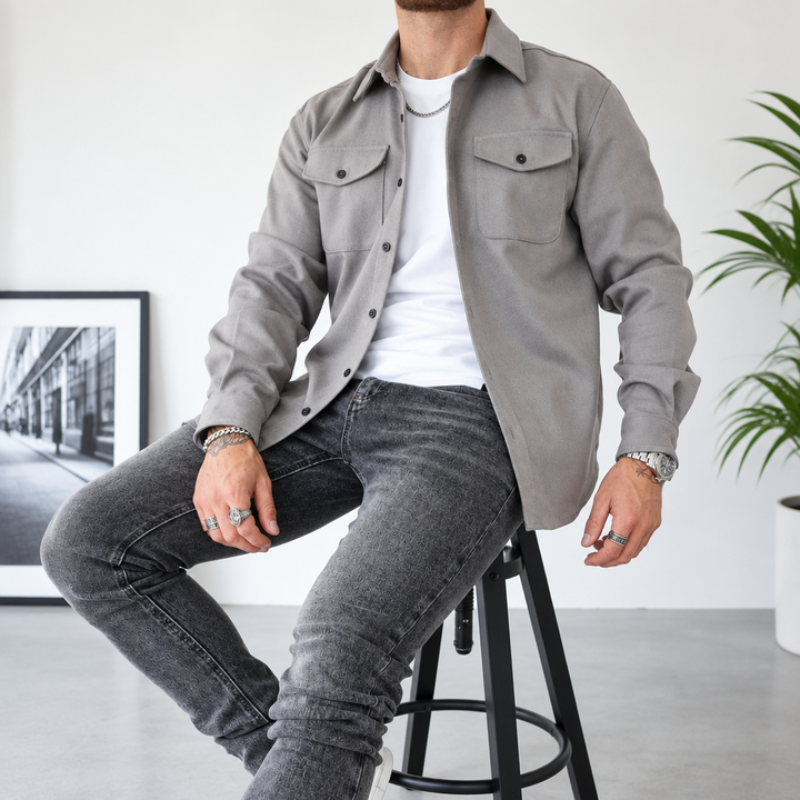 Hauke | Herren Graue Brusttaschen Knopfleisten Hemdjacke
