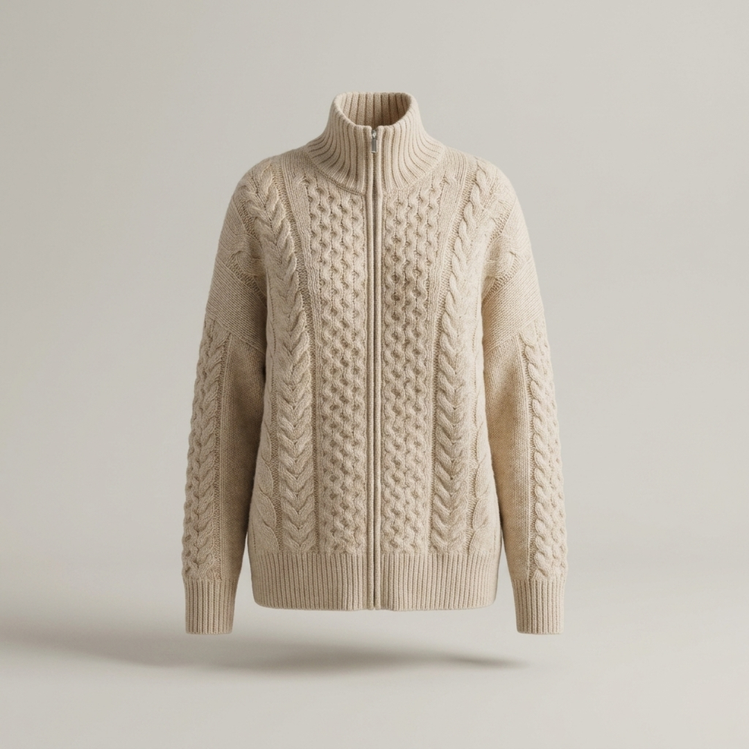 Berit | Damen Zopfmuster Reißverschluss Strickjacke
