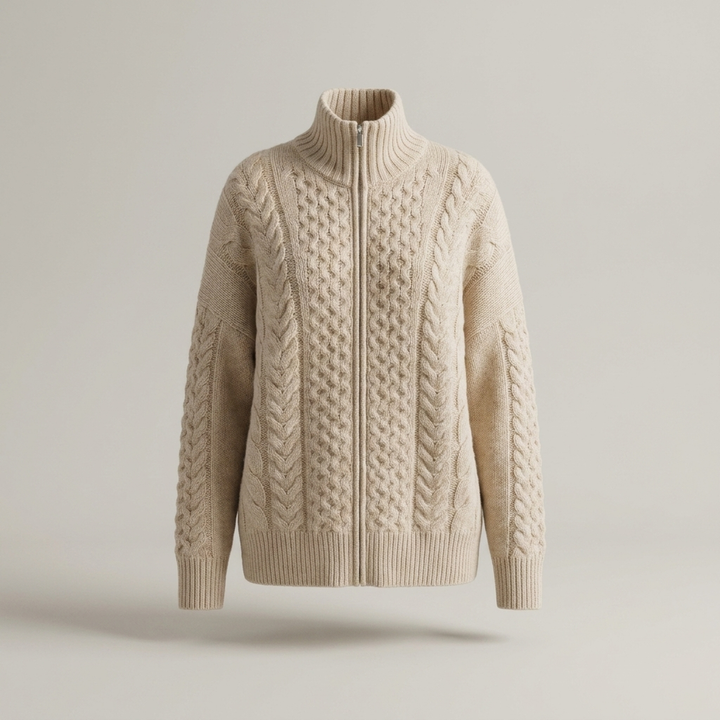 Berit | Damen Zopfmuster Reißverschluss Strickjacke