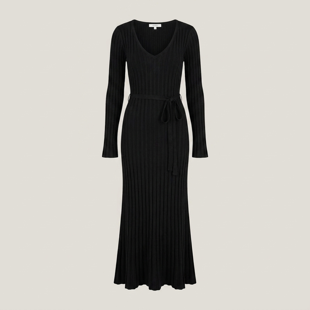 Yvonne | Damen Strick Maxikleid mit V-Ausschnitt