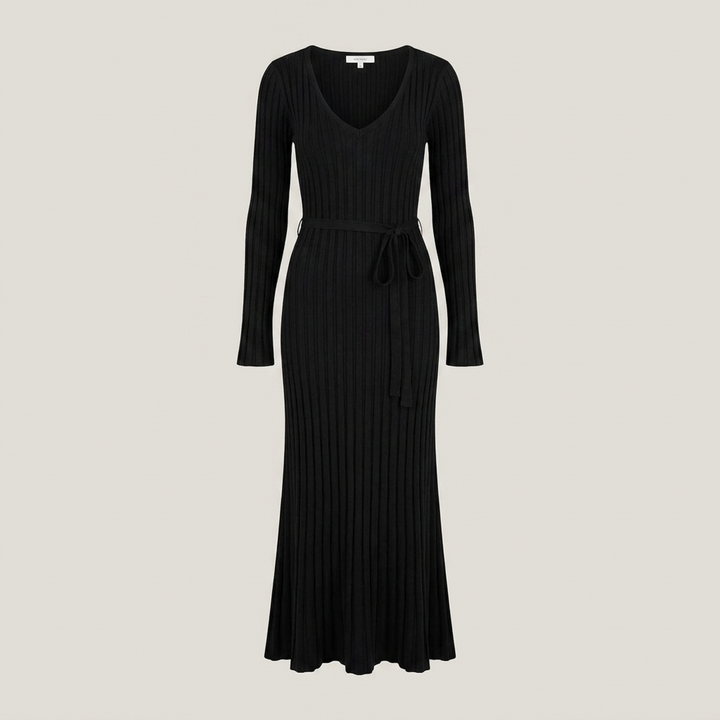 Yvonne | Damen Strick Maxikleid mit V-Ausschnitt