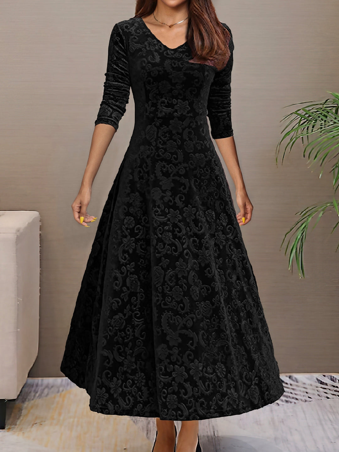 Doris | Damen A-Linien-Musterkleid mit V-Ausschnitt