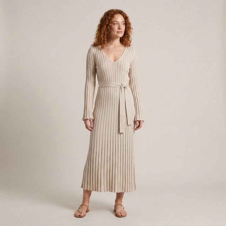 Yvonne | Damen Strick Maxikleid mit V-Ausschnitt