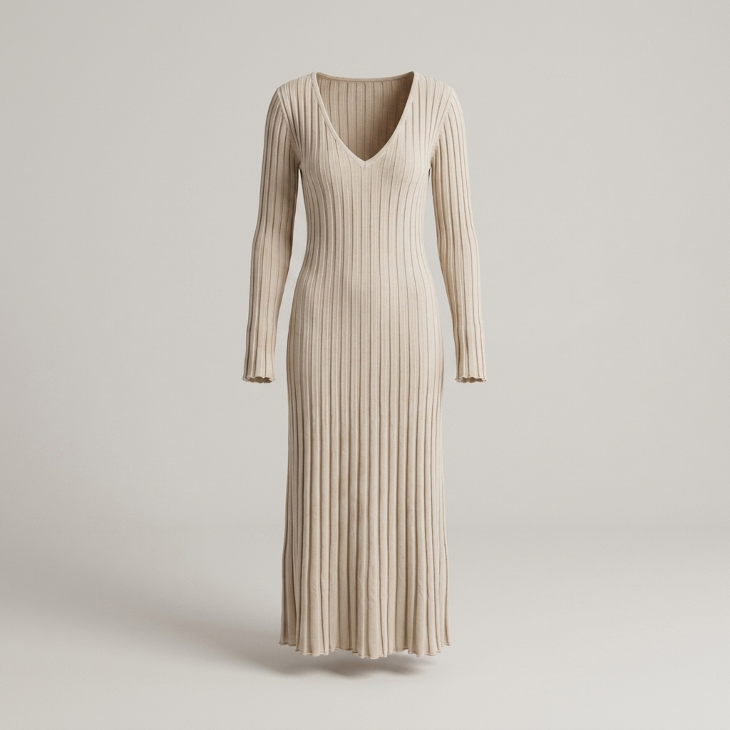 Yvonne | Damen Strick Maxikleid mit V-Ausschnitt