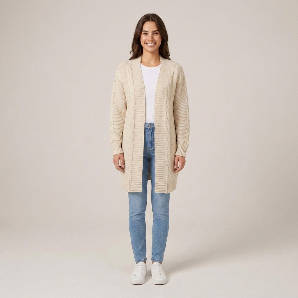 Delia | Damen Strukturmuster Long Strickjacke