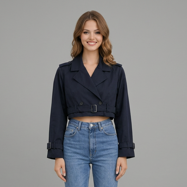 Meinhilde | Damen Trenchcoat mit Gürtel und kurzem Schnitt Cropped Trenchcoat