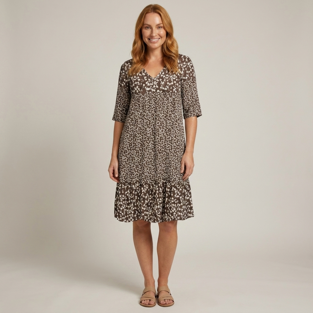 Adelina | Damen Blumenmuster Dreiviertelarm Freizeitkleid