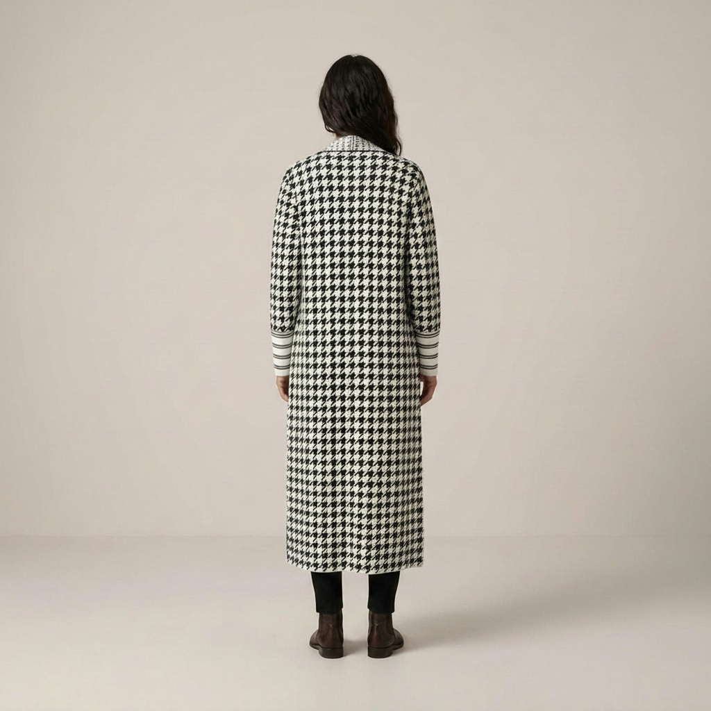 Edda | Damen Hahnentrittmuster Long Strickjacke