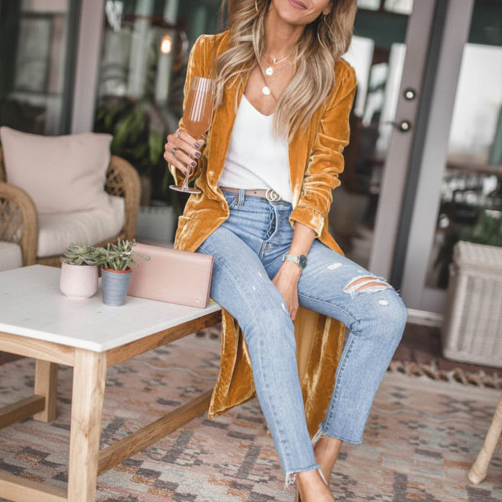 Theresa | Damen Langer Offener Langarm Longcardigan