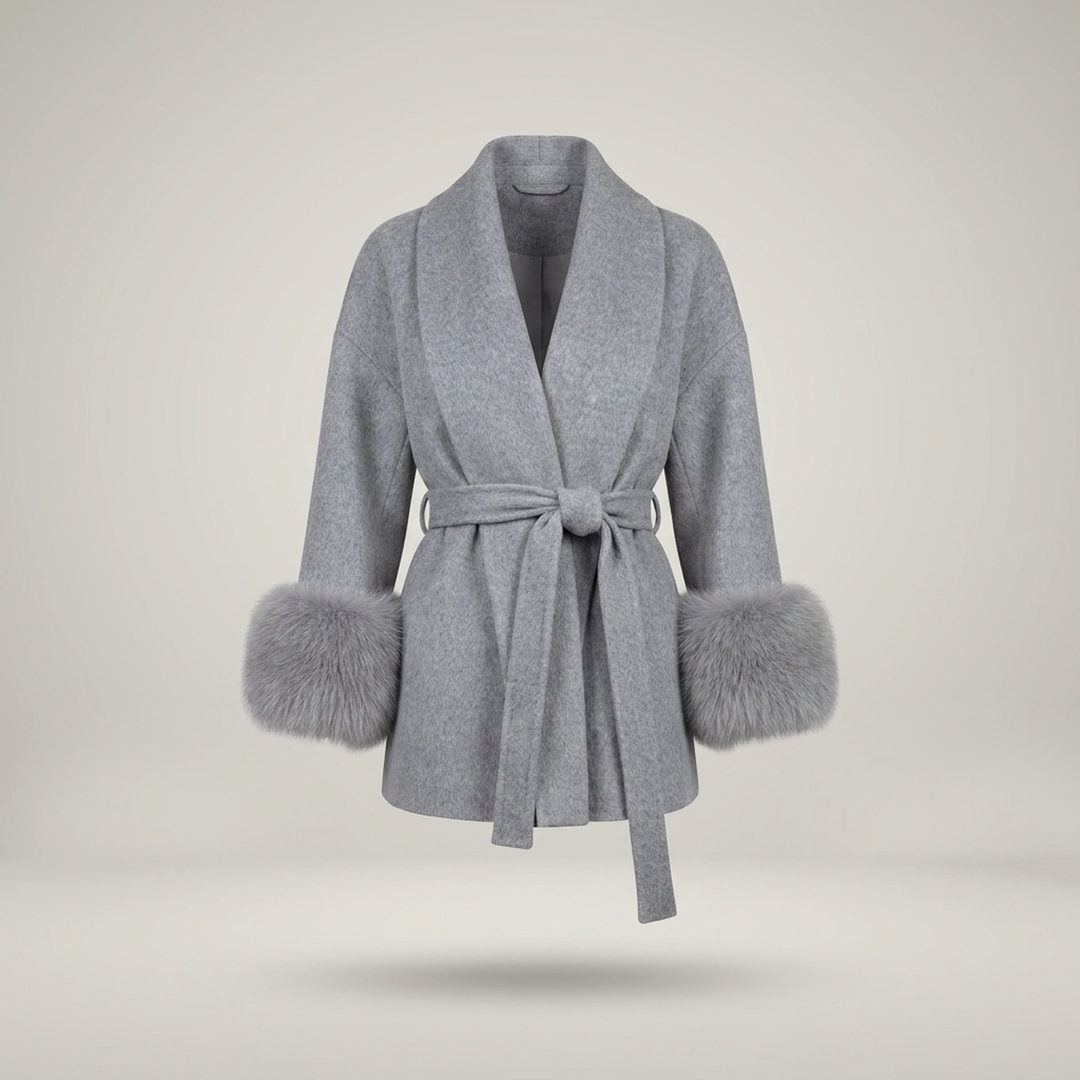 Rosalinde | Damen Wickelmantel mit Bindegürtel und Fellmanschetten