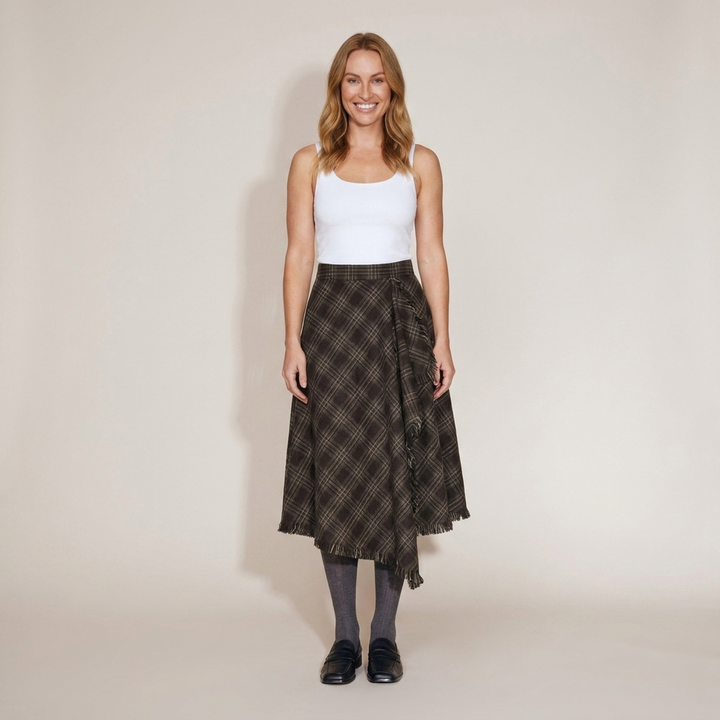 Brunhilde | Damen Karierter Midirock Asymmetrischer Faltenrock