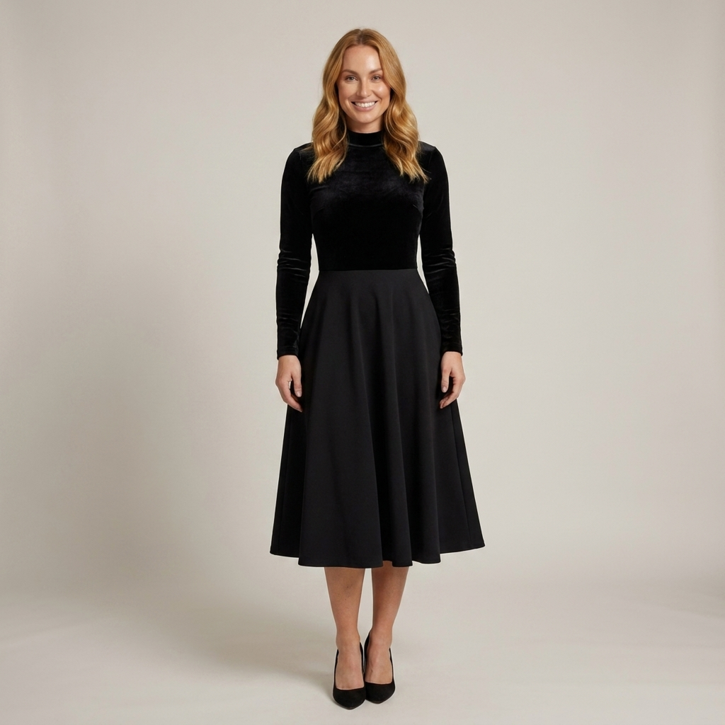 Birgit | Damen Langarmkleid mit Stehkragen Midikleid