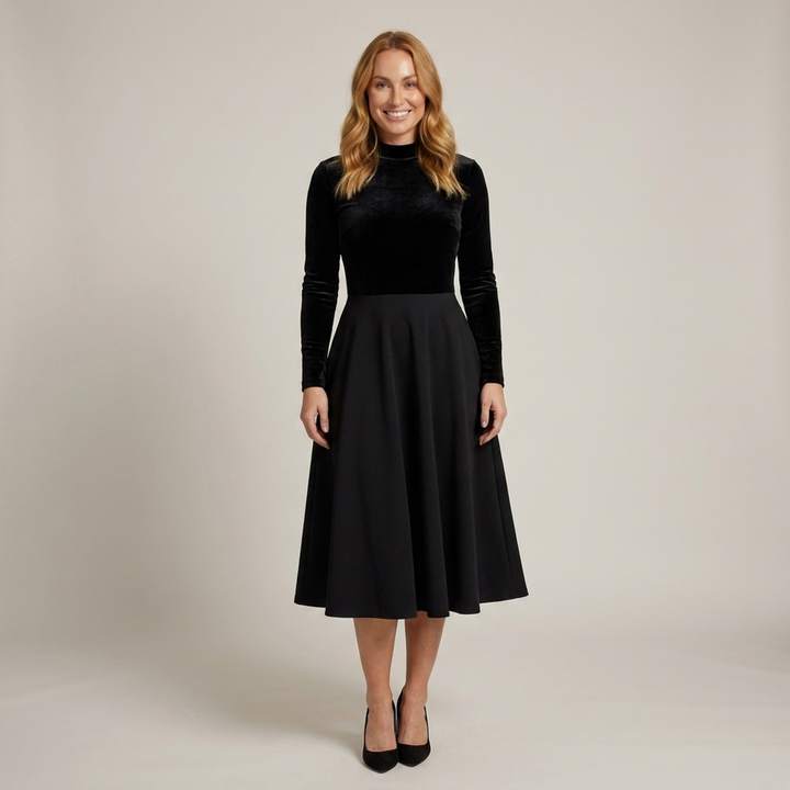 Birgit | Damen Langarmkleid mit Stehkragen Midikleid