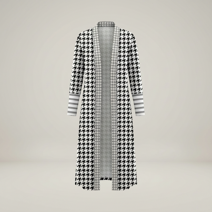Gerburg | Damen Strickjacke mit Hahnentrittmuster und Streifenbündchen