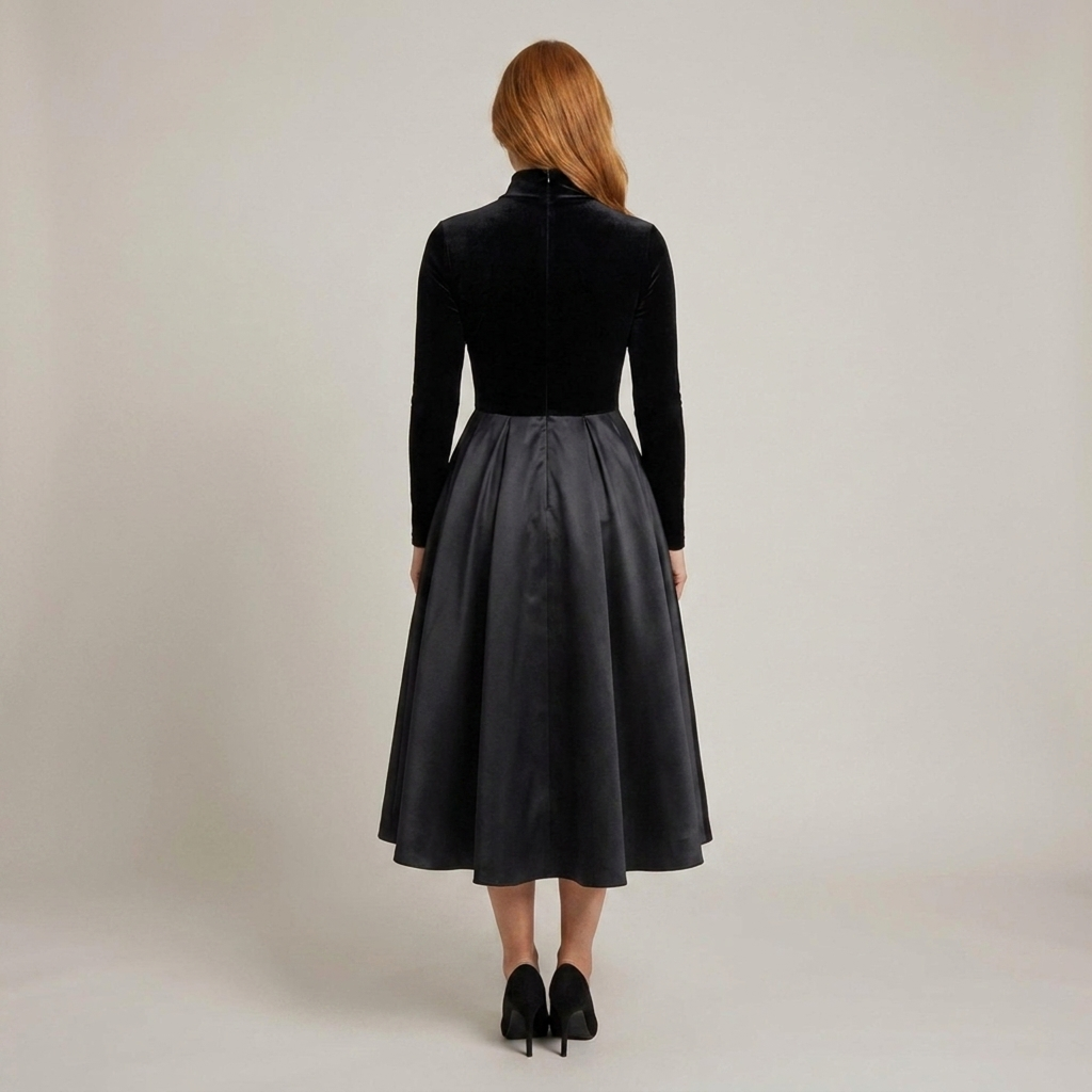 Carmen | Damen Langarm Stehkragen Faltenrock Midikleid
