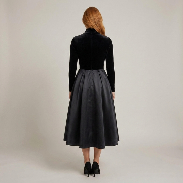 Carmen | Damen Langarm Stehkragen Faltenrock Midikleid