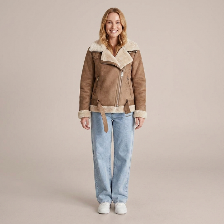 Rinhild | Damenjacke mit Gürtel und Reißverschluss Bikerjacke