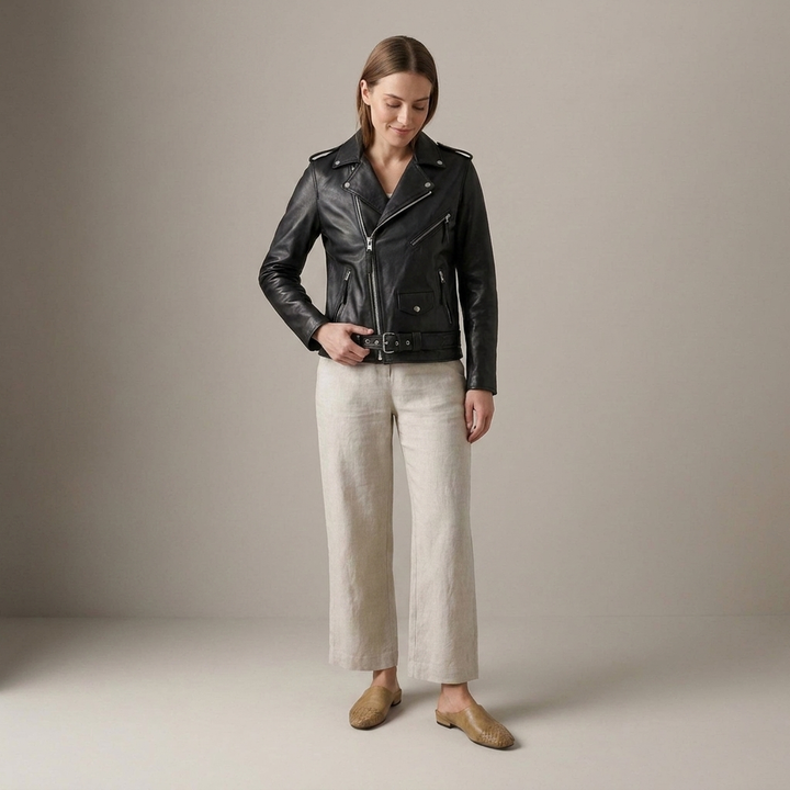 Rinhilde | Damenjacke mit Reverskragen und Gürtel Bikerjacke