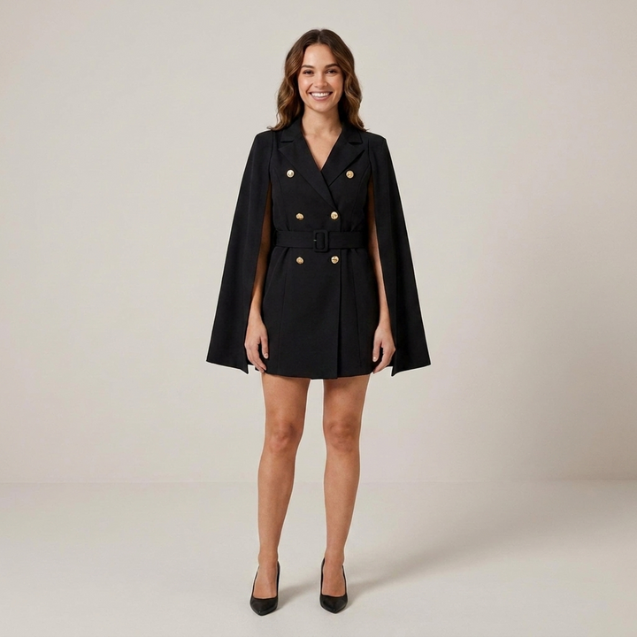 Adelgundis | Damen Cape-Kleid mit Gürtel und Doppelknopfleiste