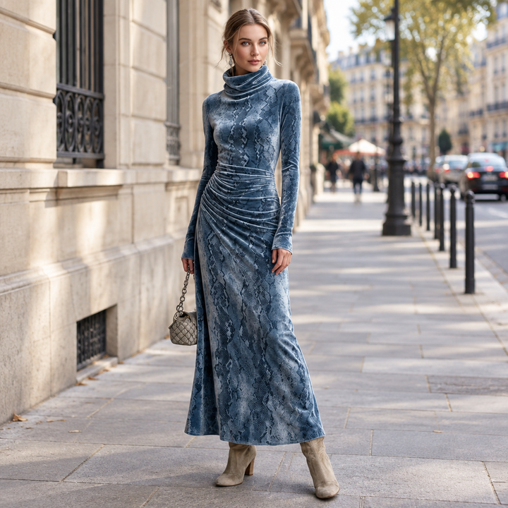 Amalia | Damen Muster Rollkragen Maxikleid