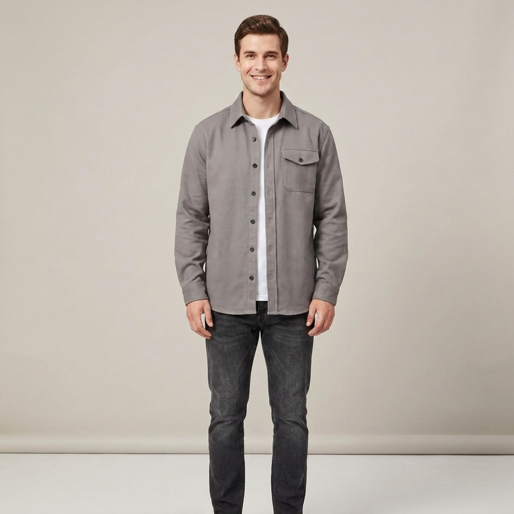 Hauke | Herren Graue Brusttaschen Knopfleisten Hemdjacke