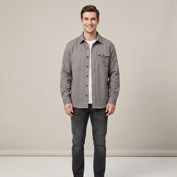 Hauke | Herren Graue Brusttaschen Knopfleisten Hemdjacke