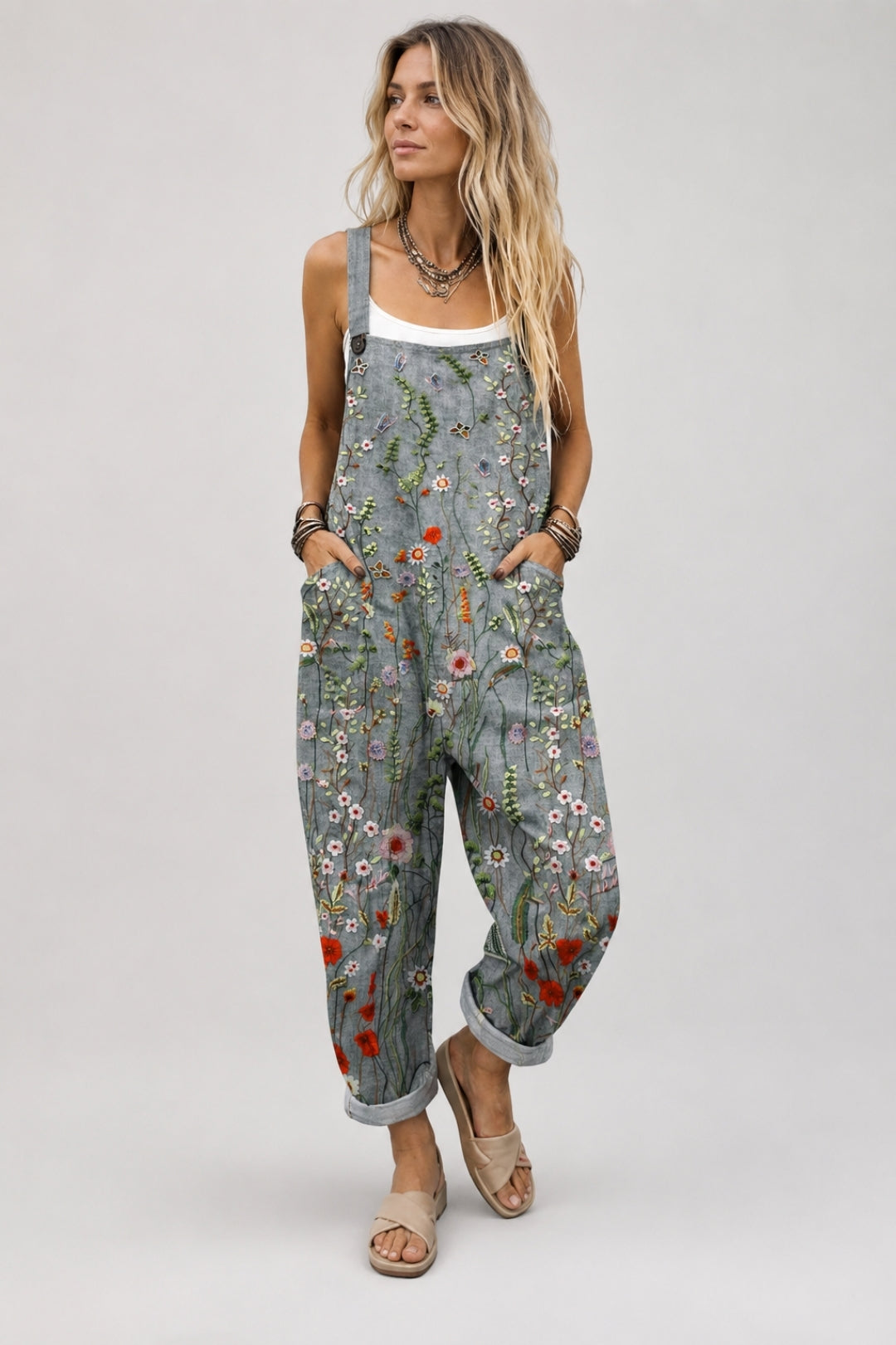 Leinen Latzhose Damen Boho – Blumenprint mit Trägern
