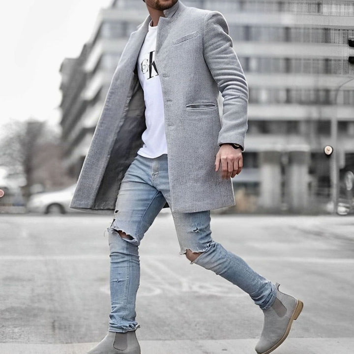 Detlef | Herren Eleganter Grauer Stehkragen Mantel