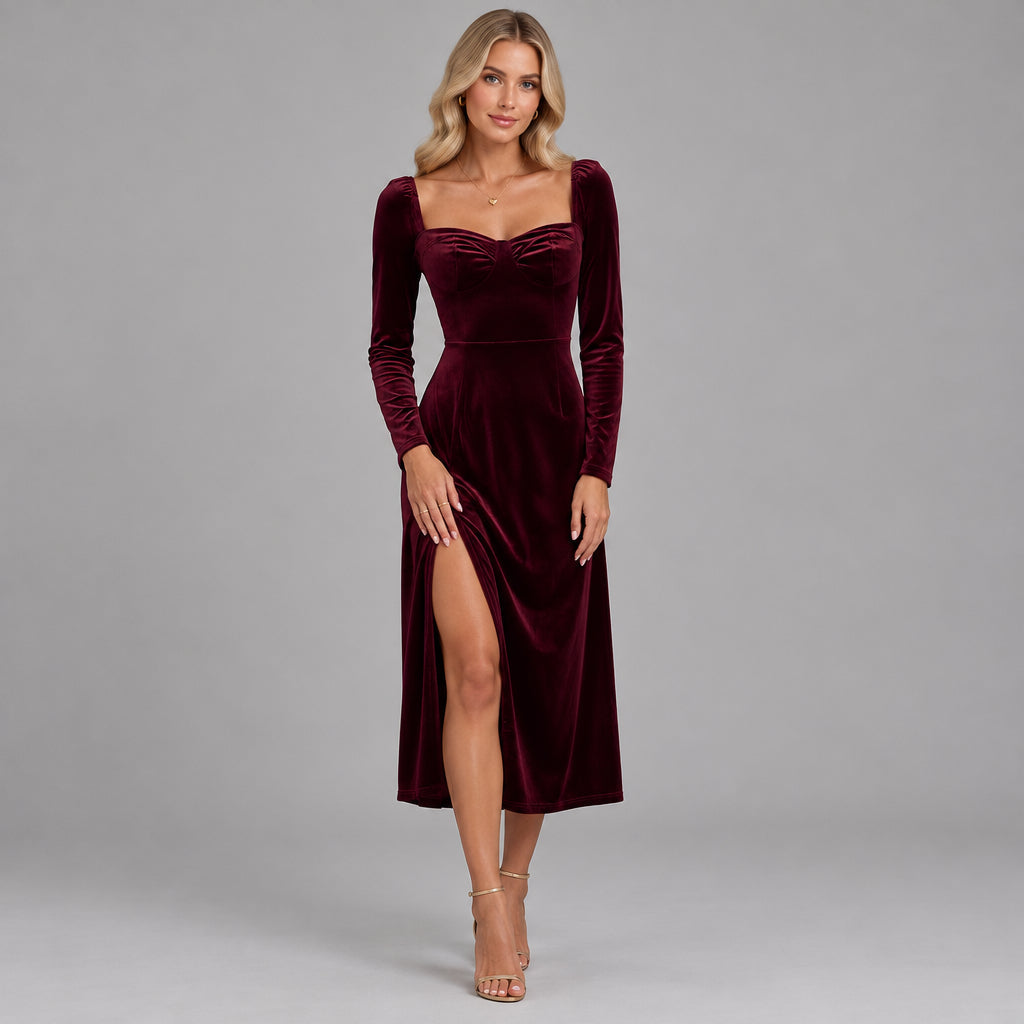 Alana | Damen Samtkleid mit Herzausschnitt und Beinschlitz