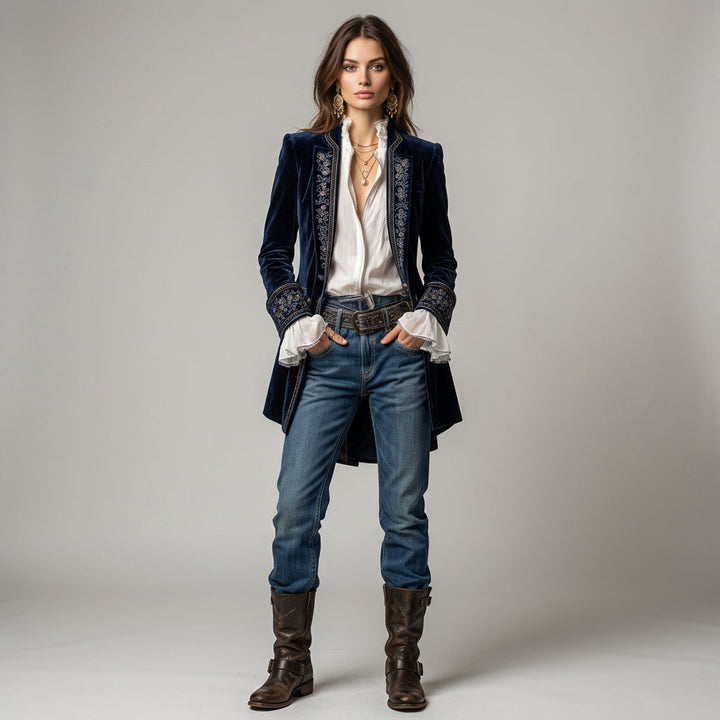 Almuthe | Damen Longblazer mit Stickerei und Ziermanschetten