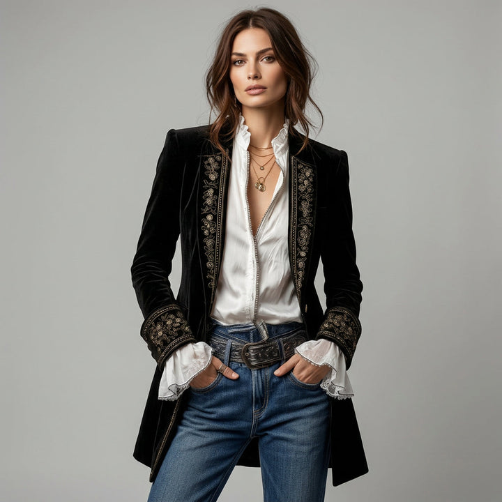Almuthe | Damen Longblazer mit Stickerei und Ziermanschetten