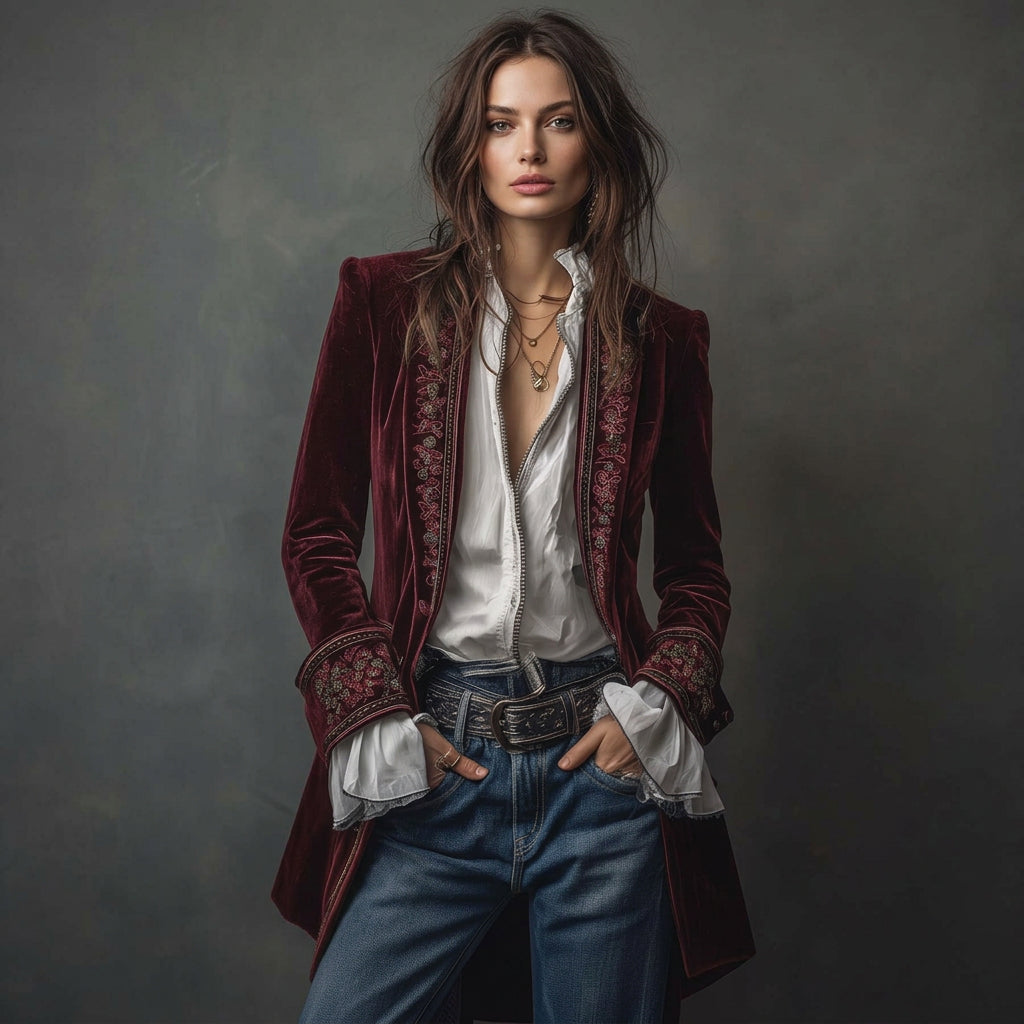 Almuthe | Damen Longblazer mit Stickerei und Ziermanschetten