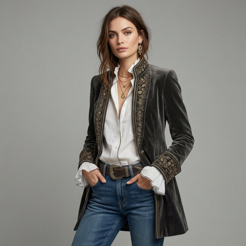 Almuthe | Damen Longblazer mit Stickerei und Ziermanschetten