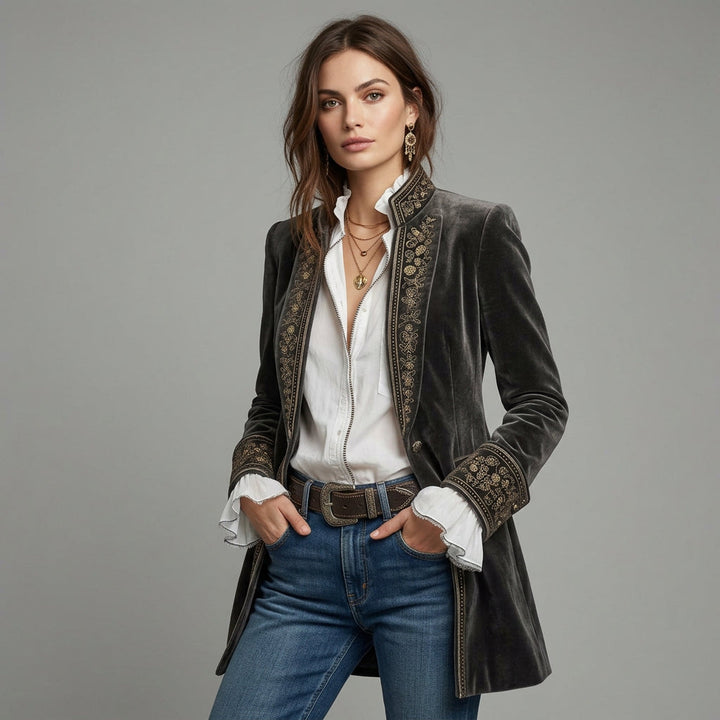 Almuthe | Damen Longblazer mit Stickerei und Ziermanschetten