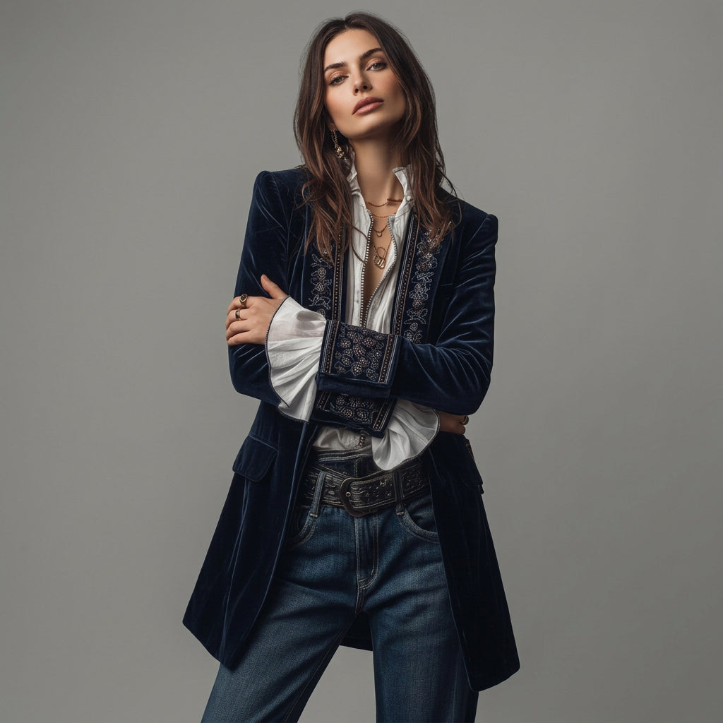 Almuthe | Damen Longblazer mit Stickerei und Ziermanschetten