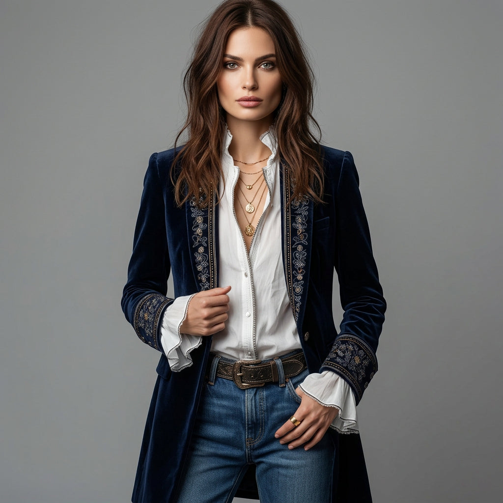 Almuthe | Damen Longblazer mit Stickerei und Ziermanschetten